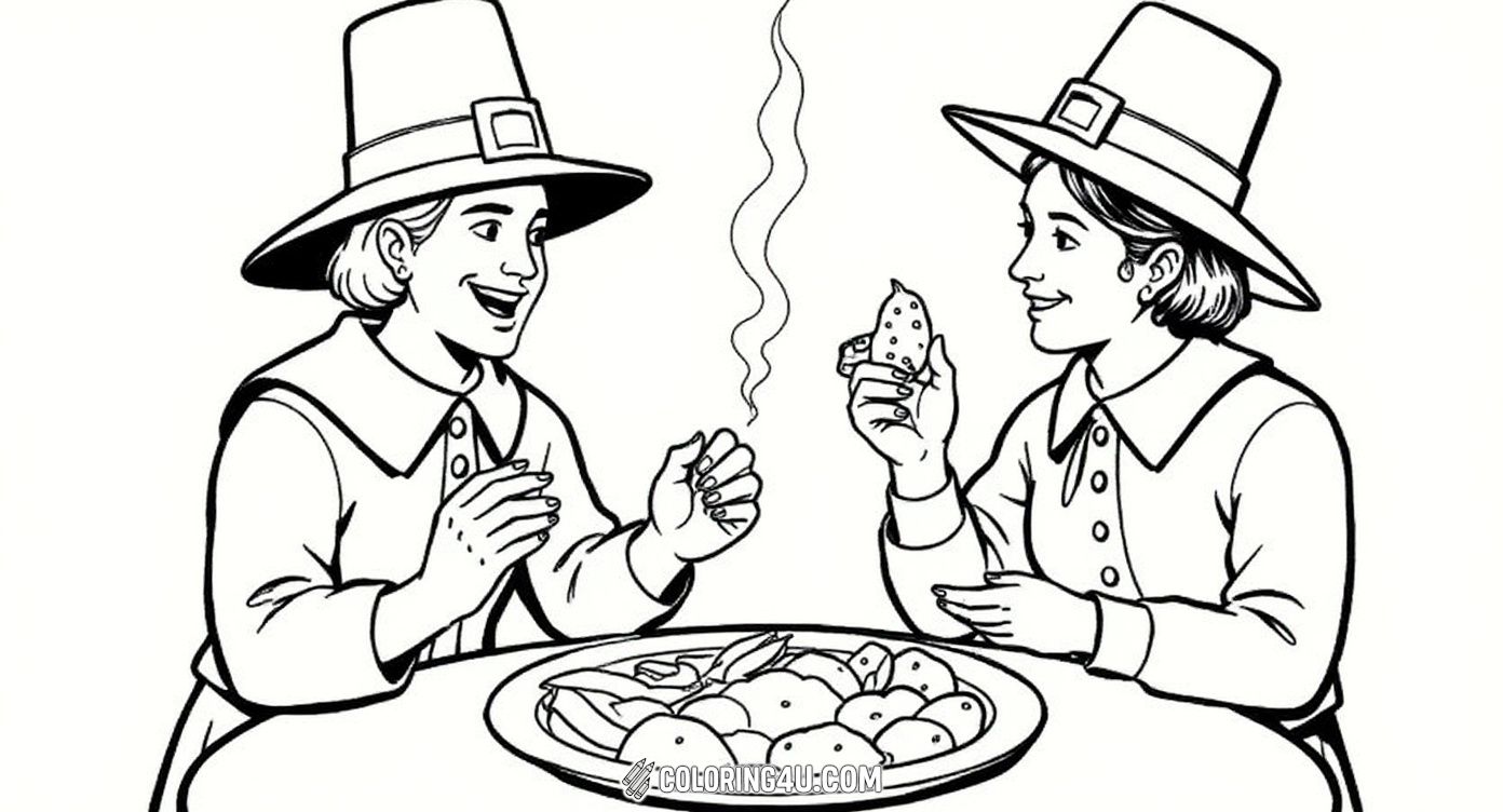 This charming coloring page shows a friendly Pilgrim and a Native American sharing a large bowl of corn and other harvest goodies, symbolizing friendship and cooperation during the early days of America. Kids will enjoy bringing this historical friendship to life with vibrant colors!