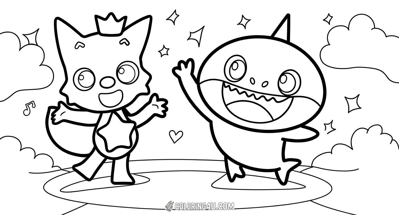 Join Pinkfong the fox and Baby Shark as they dance happily under rainbows and twinkling stars. This delightful coloring page is perfect for kids who love music, friendship, and imaginative adventures in a magical sky.