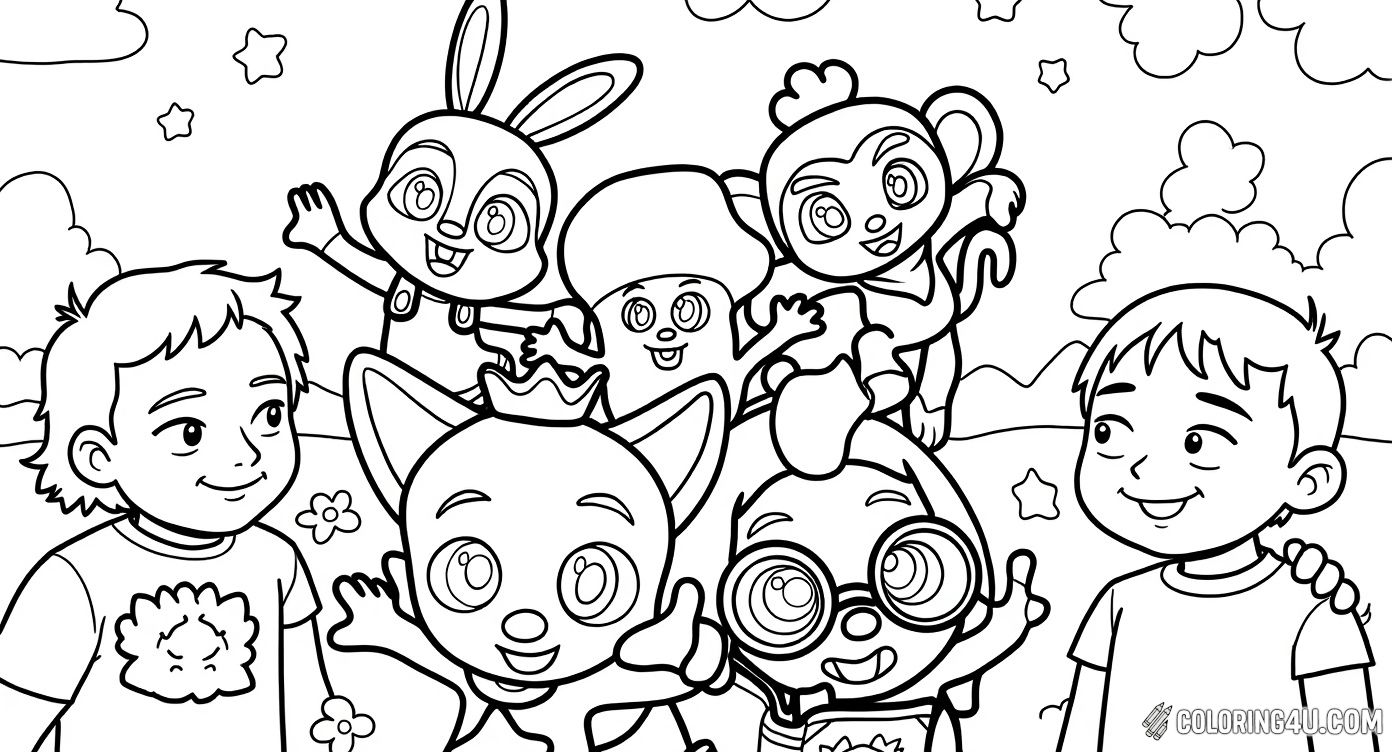 Printable coloring page of Pinkfong And Friends Group Coloring Page from the Pinkfong category.
