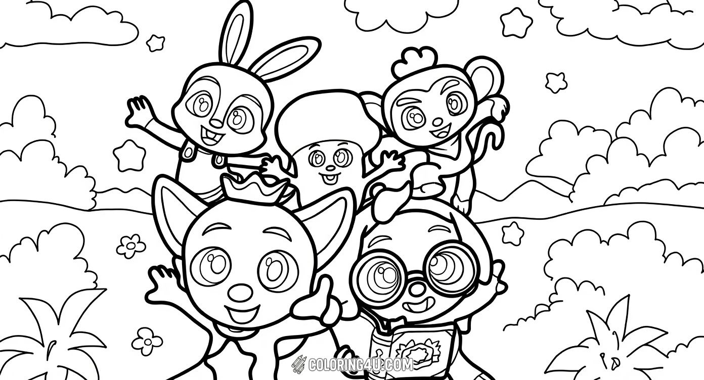 Color in Pinkfong and his friendly group of animal pals including a bunny, mushroom character, monkey, and a bespectacled friend. Together, they are ready for a fun adventure in a whimsical, starry landscape filled with flowers and clouds.