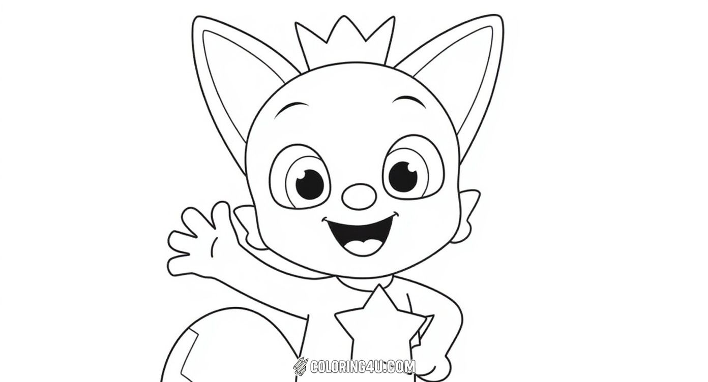 Meet Pinkfong, the cheerful little fox with a crown and a star on his chest! This adorable character is waving hello and ready to be brought to life with your favorite colors. It's a fun and simple coloring page for fans of Pinkfong.