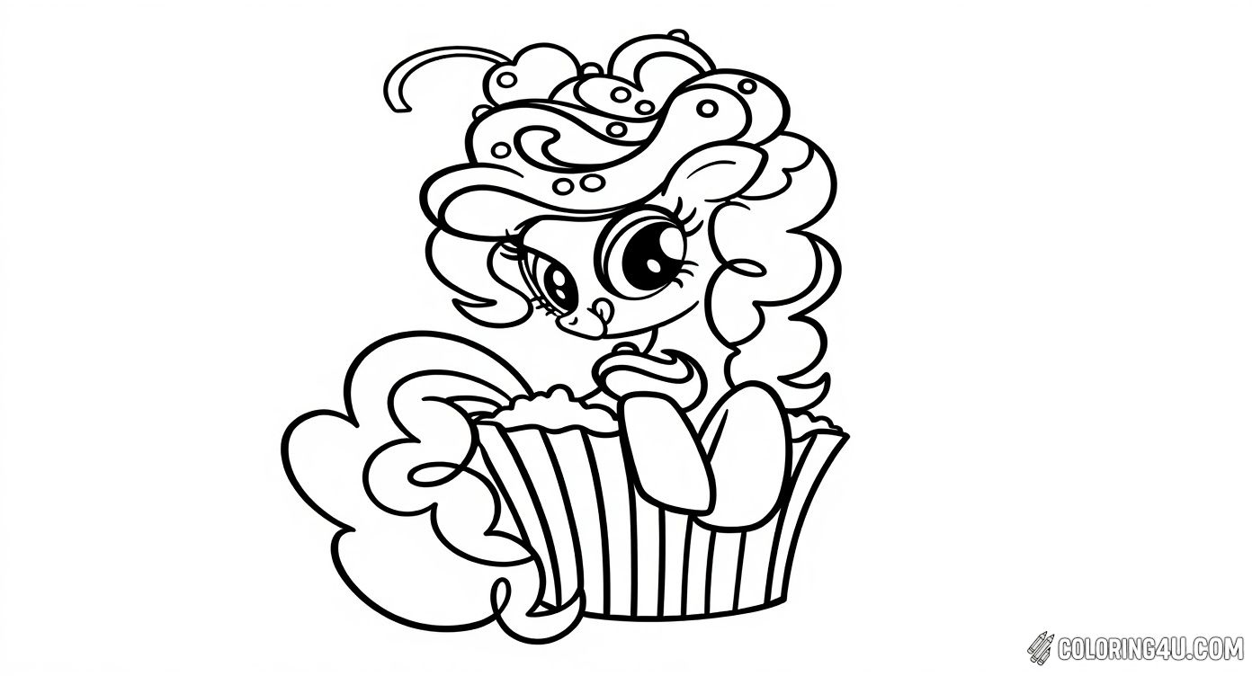 This delightful coloring page features Pinkie Pie, the cheerful pony from My Little Pony, sitting inside a giant cupcake. Kids can enjoy coloring her curly mane, big expressive eyes, and the sweet cupcake while bringing this adorable scene to life.