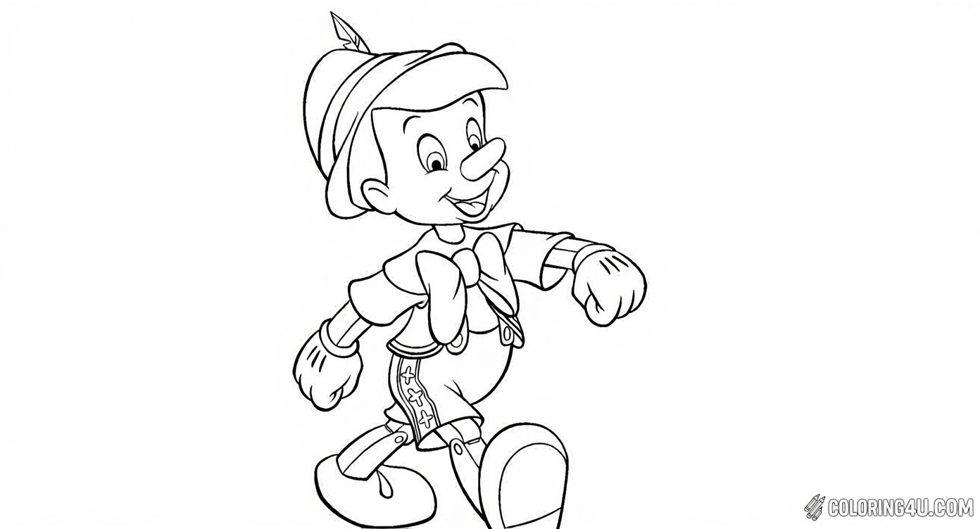 Join Pinocchio, the cheerful wooden puppet from the classic story, as he happily walks with a big smile on his face. Kids can enjoy coloring his distinctive hat with a feather, his big bow tie, and his playful wooden limbs in this delightful coloring page.