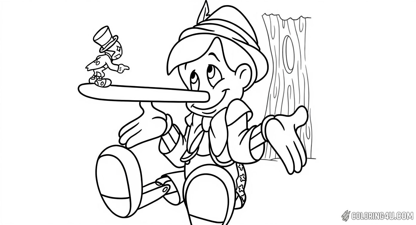 This fun coloring page shows Pinocchio sitting outdoors with his nose magically growing extra long, while Jiminy Cricket stands at the tip of his nose. Kids will love bringing this whimsical scene to life with colors and adding their imagination to Pinocchio's surprising moment.