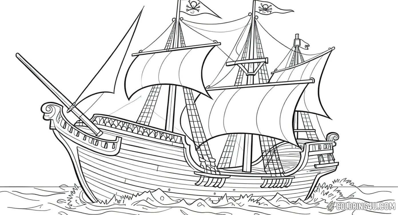 This intricate pirate ship coloring page features a majestic sailing ship with multiple full sails and pirate flags waving proudly. The ship cuts through the waves under a lively sky with birds soaring above, inviting kids to bring this adventurous scene to life with vibrant colors.