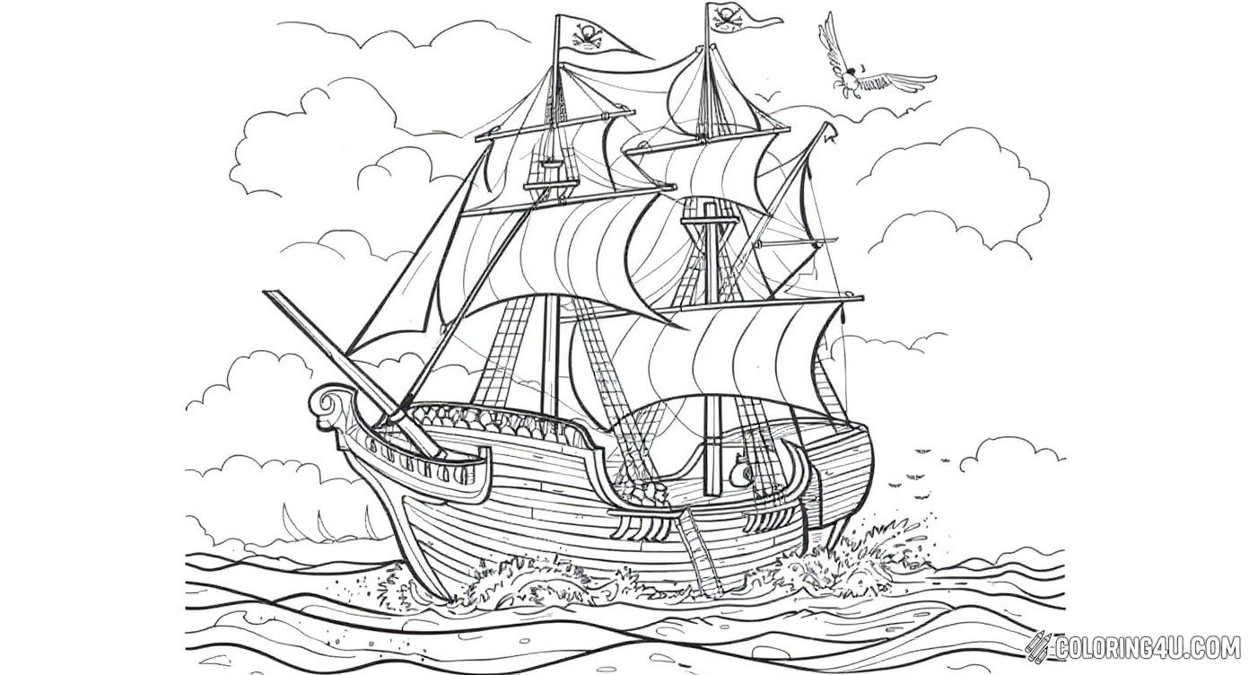 Set sail on an exciting coloring adventure with this detailed pirate ship! This page features a grand ship with billowing sails, pirate flags, and lively sea waves perfect for kids who love intricate designs and pirate stories. Let your imagination and colors bring this mighty vessel to life on the open ocean!