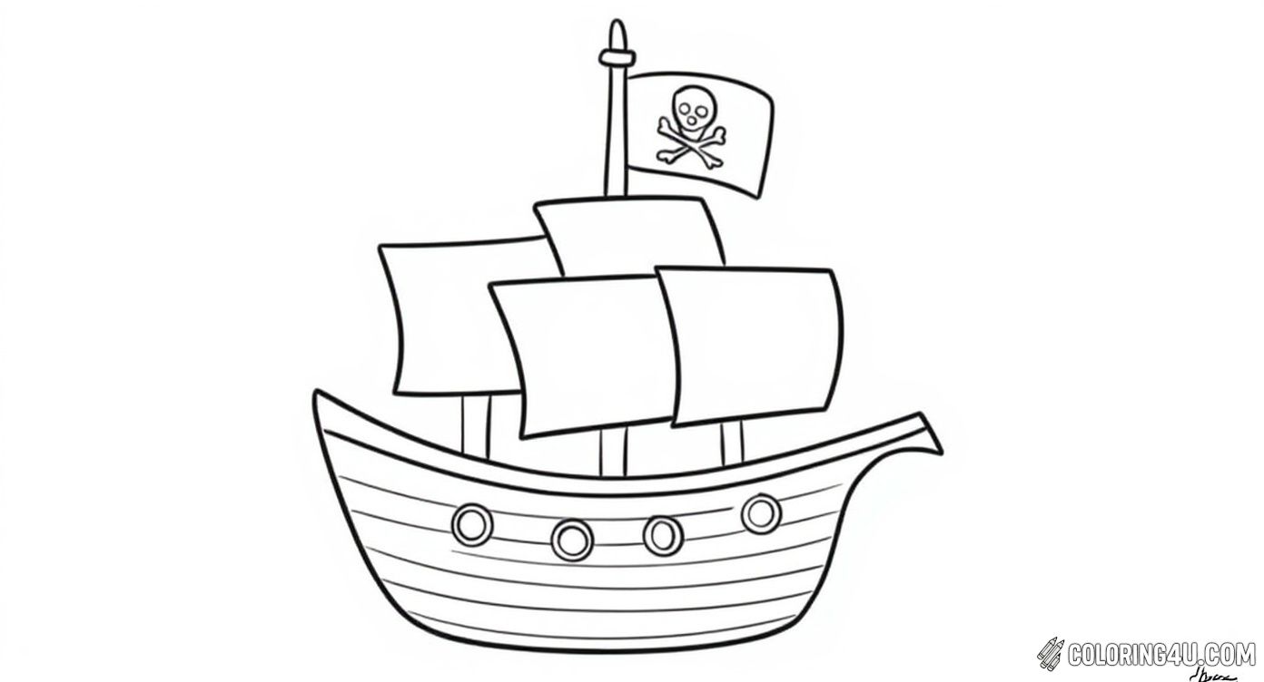 A charming and simple pirate ship coloring page, showing a ship with smooth lines and a big pirate flag on top. The ship floats amidst scattered stars in the sky, perfect for younger kids to color while imagining exciting pirate adventures on the high seas.