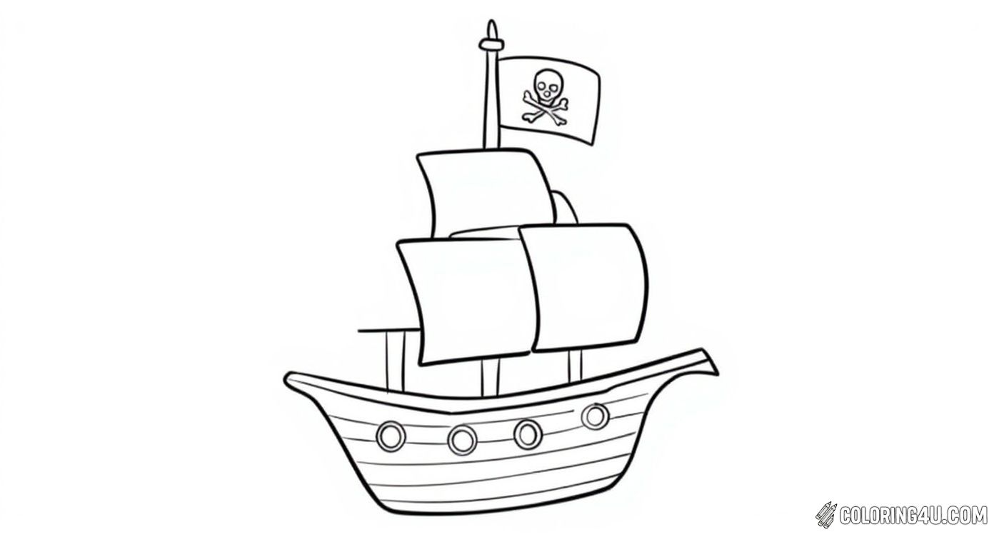 Embark on a fun coloring journey with this simple and charming pirate ship! Featuring smooth lines, four sails, and a classic skull and crossbones flag, this picture is perfect for younger children or beginners. Add your favorite colors to this fearless pirate ship floating among twinkling stars!