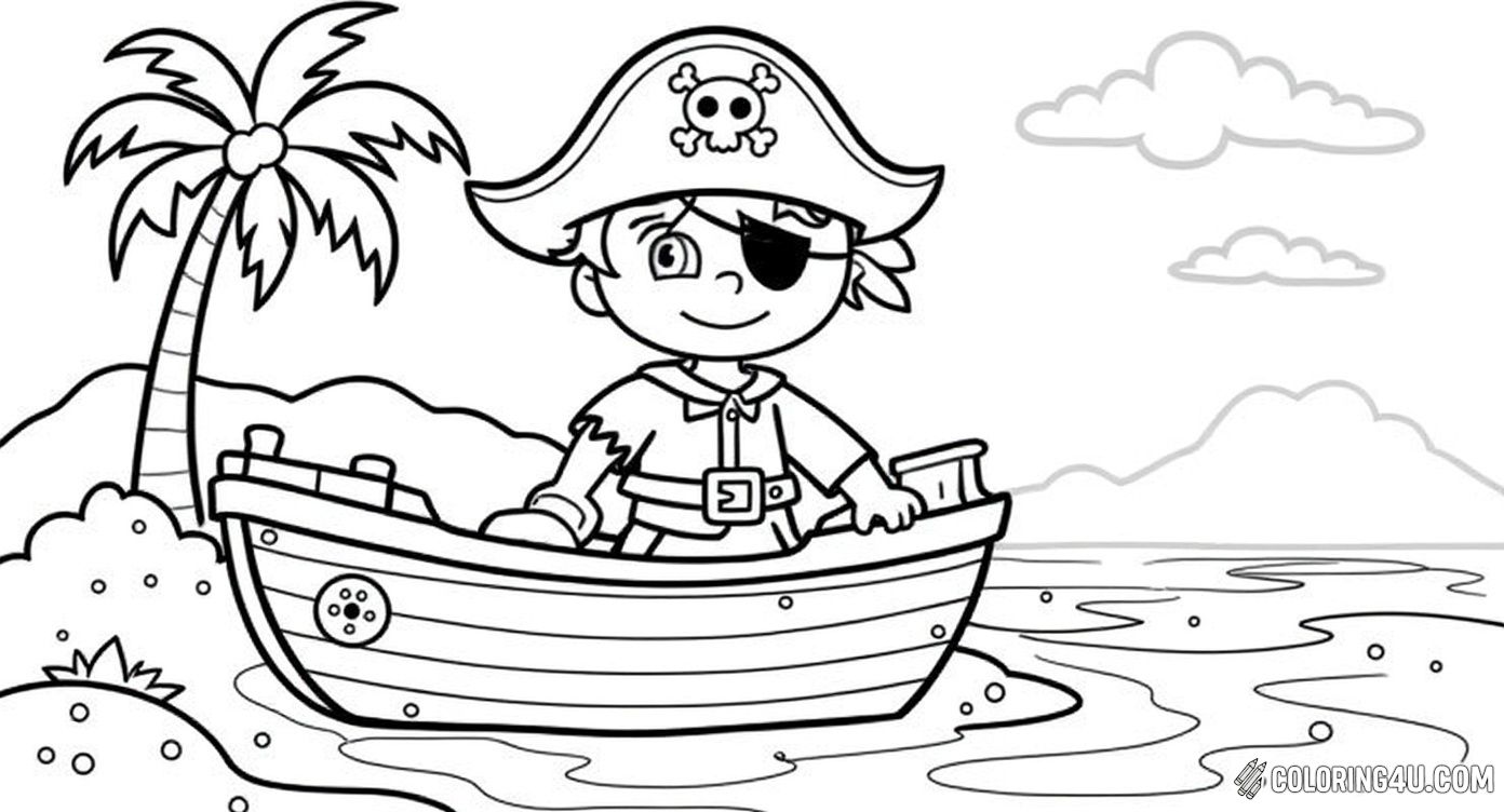 Join the cheerful pirate boy on a tiny treasure island surrounded by the sparkling sea! This fun coloring page includes a pirate ship with a skull and crossbones flag, a treasure chest full of gems and coins, waving palm trees, and a friendly crab. Kids will love coloring this lively scene filled with pirate adventure.