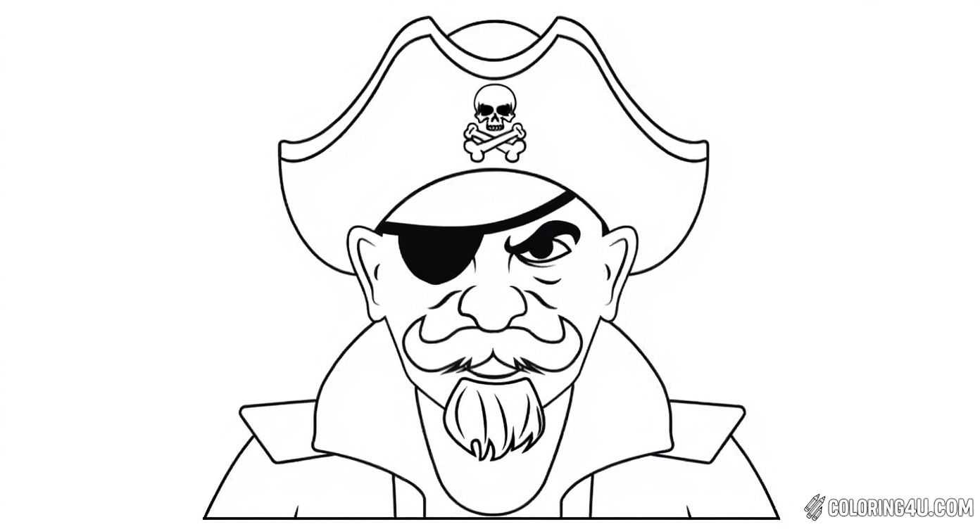 Meet the fierce pirate captain ready for adventure! This bold coloring page features a confident pirate with an eye patch, a large hat adorned with a skull and crossbones, and a coat with buttons. Kids can dive into coloring his intense expression and the stars around him to bring this pirate captain to life.