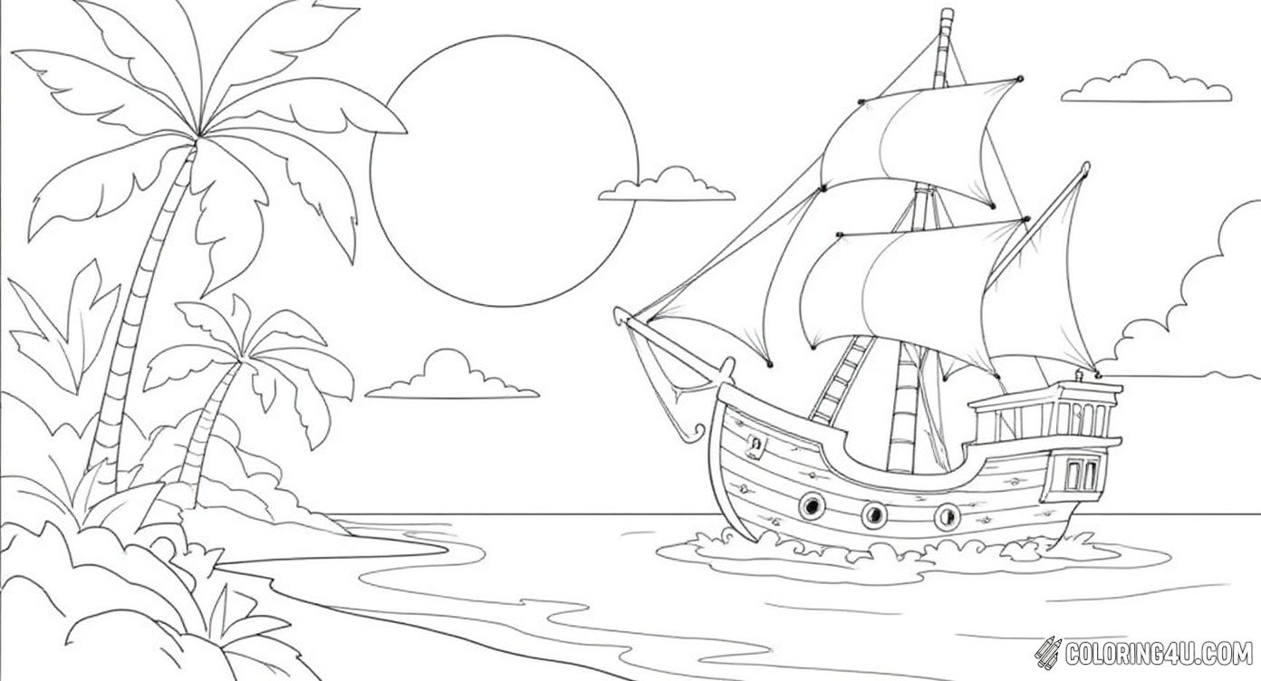 Pirate Ship Near Tropical Island Coloring