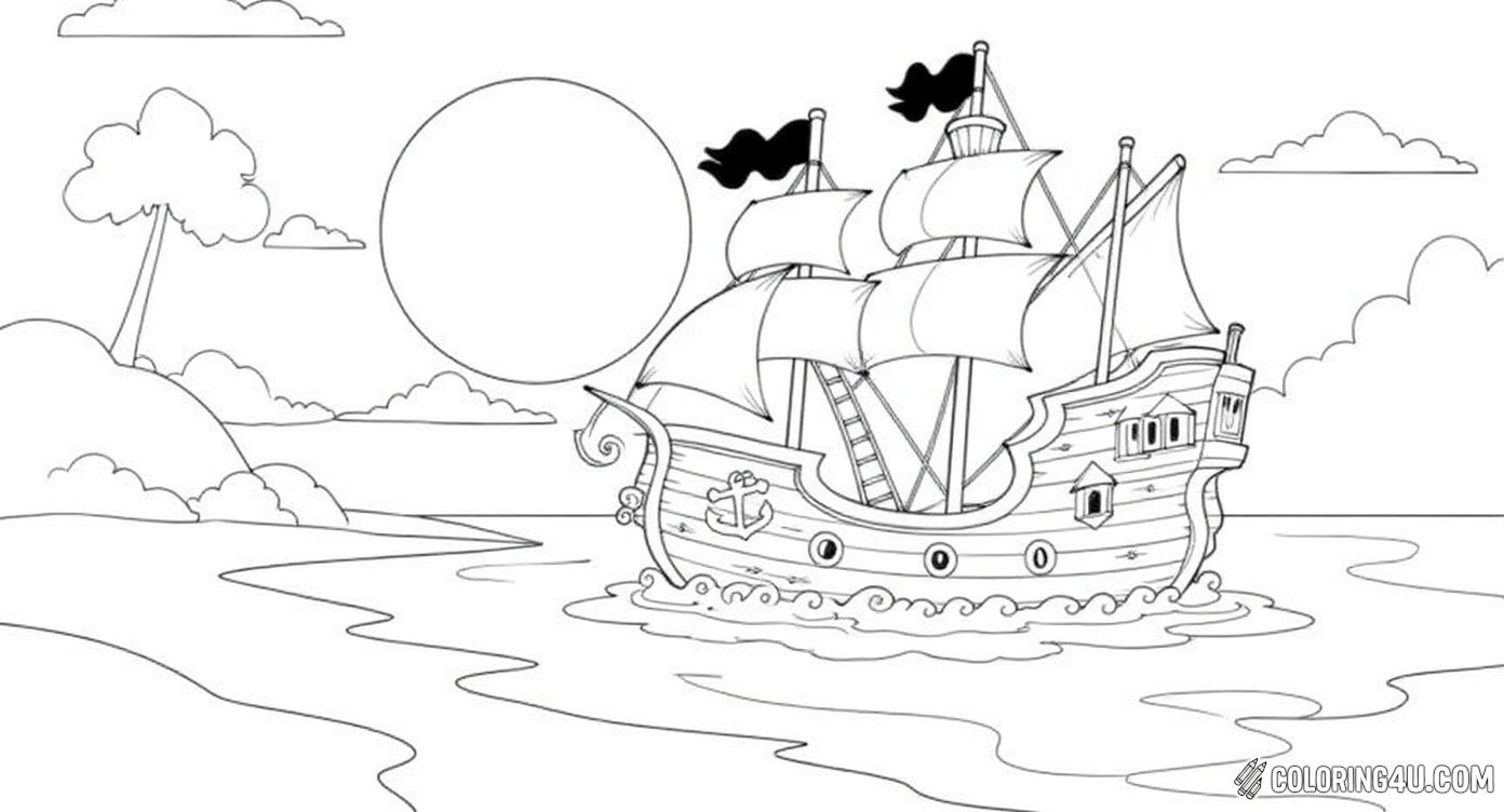 Set sail on a grand adventure with this exciting coloring page featuring a magnificent pirate ship sailing close to a lush island under the bright sun. Kids can bring to life the mighty ship's sails, wooden deck, and the surrounding palm trees, sparking their imagination and creativity.