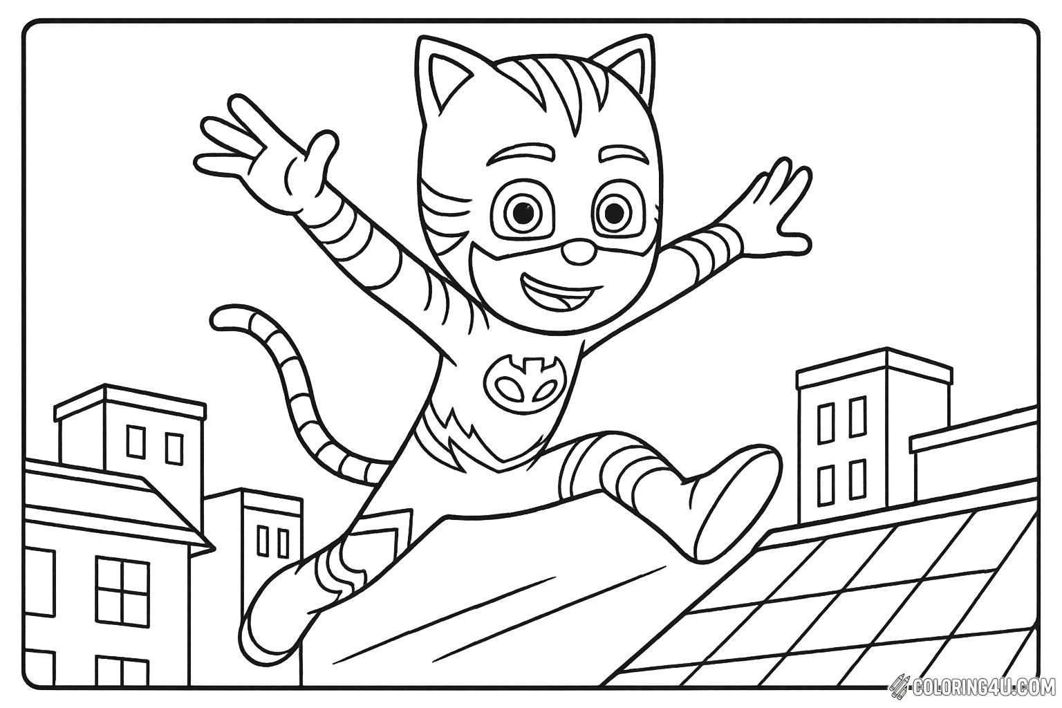 Catboy from 'PJ Masks' leaps joyfully over rooftops, showcasing his playful spirit and agility. With his signature cat ears and mask, he’s ready for adventure. The city skyline provides a fun backdrop for coloring, allowing kids to bring this dynamic scene to life with vibrant colors. Join Catboy in his heroic escapades as he soars through the sky!