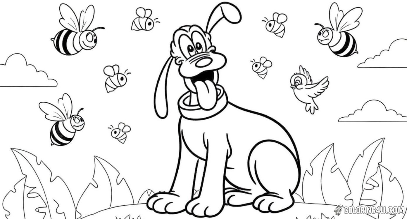 This delightful coloring page features Pluto, the lovable Disney dog, sitting cheerfully outdoors. Around him, friendly bees and elegant butterflies flutter, making the scene lively and fun. Kids can enjoy coloring the vibrant nature and Pluto's joyful expression.