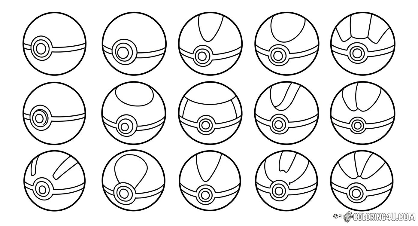 Explore the wonderful world of Pokémon with this fun coloring sheet showcasing nine different types of Pokeballs! Each ball has a unique design, inviting kids to use their creativity and experiment with colors while learning about these special items used to catch Pokémon.