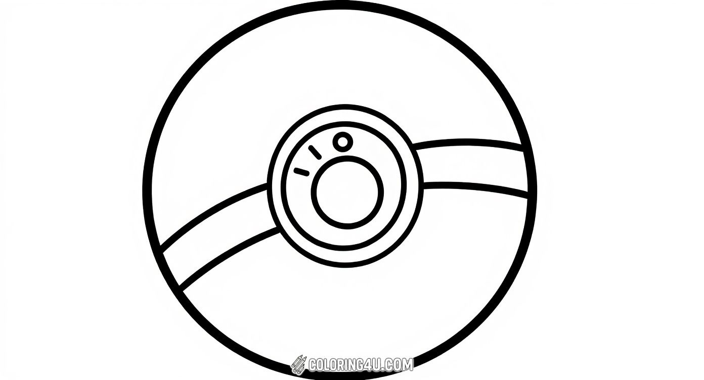This coloring page features a classic Pokeball design with clear, bold lines perfect for young kids. It's a fun and easy drawing inviting children to bring to life with their favorite colors while exploring the world of Pokemon.