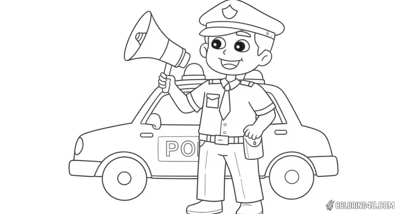 Printable coloring page of Cute Police Man With Megaphone Police Car from the Police category.