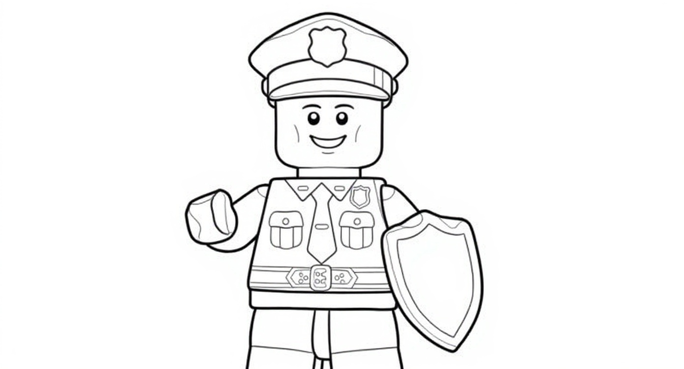 Here is a cool coloring page of a Lego-style police officer equipped with a badge shield and a walkie-talkie. The character stands proudly in front of a police car with houses in the background, inviting kids to color and bring this brave Lego policeman to life.