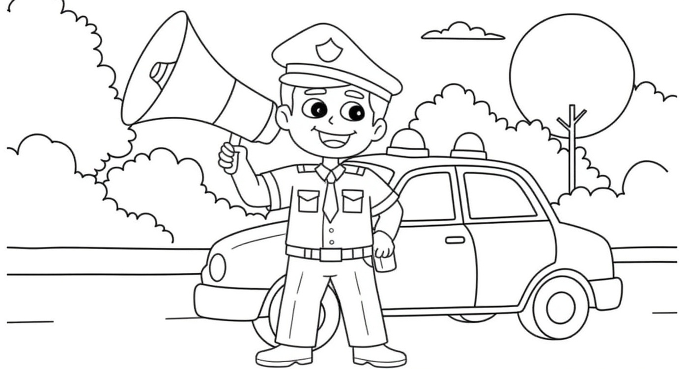 Police Man With Megaphone And Car