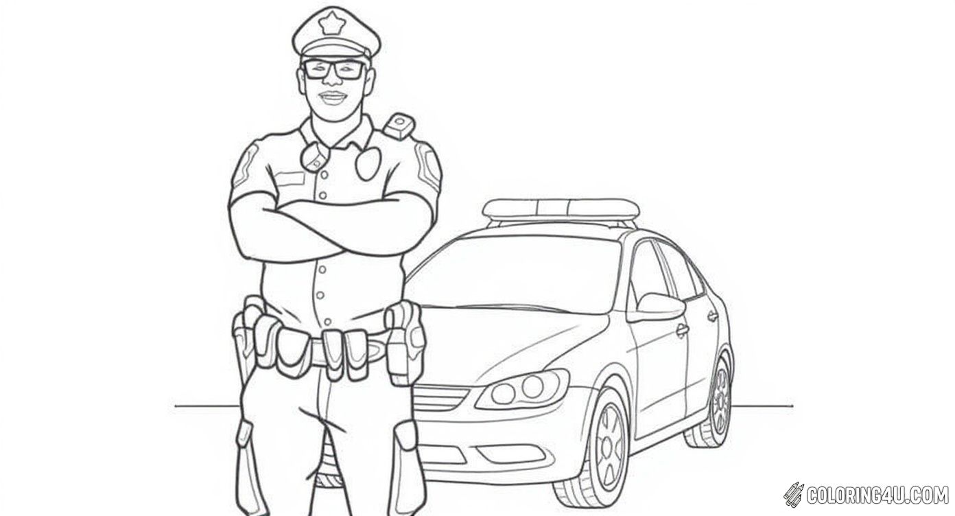 Printable coloring page of Strong Police Officer Standing Proud Police Car from the Police category.