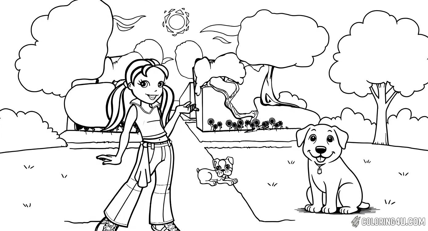 Bring to life Polly Pocket enjoying a sunny day in the park with her cute little puppy nearby. This lively outdoor scene invites kids to color the trees, sun, flowers, and both Polly and her puppy for a joyful coloring adventure.
