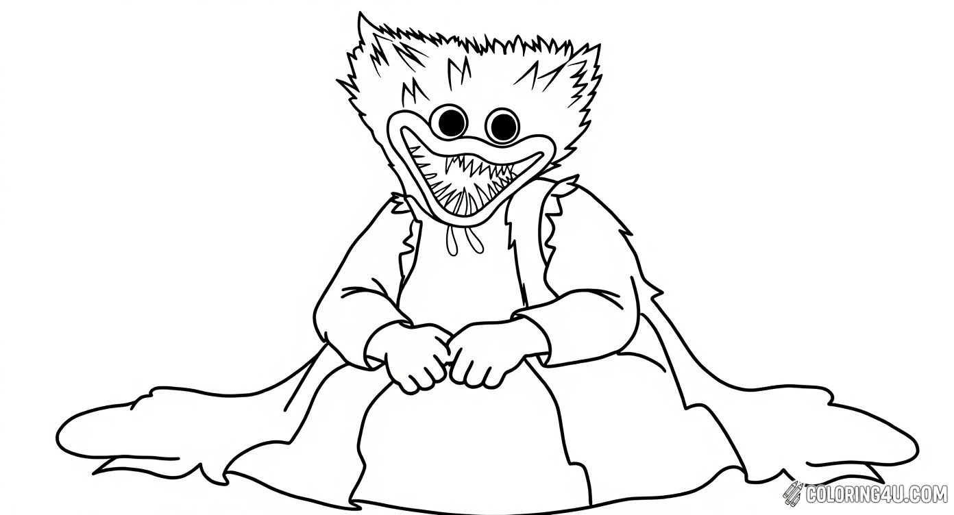 This coloring page features Huggie Wuggie, the iconic character from Poppy Playtime, with his tall and fuzzy frame and sharp teeth. Kids will love coloring this mix of spooky and charming character in their own creative style.