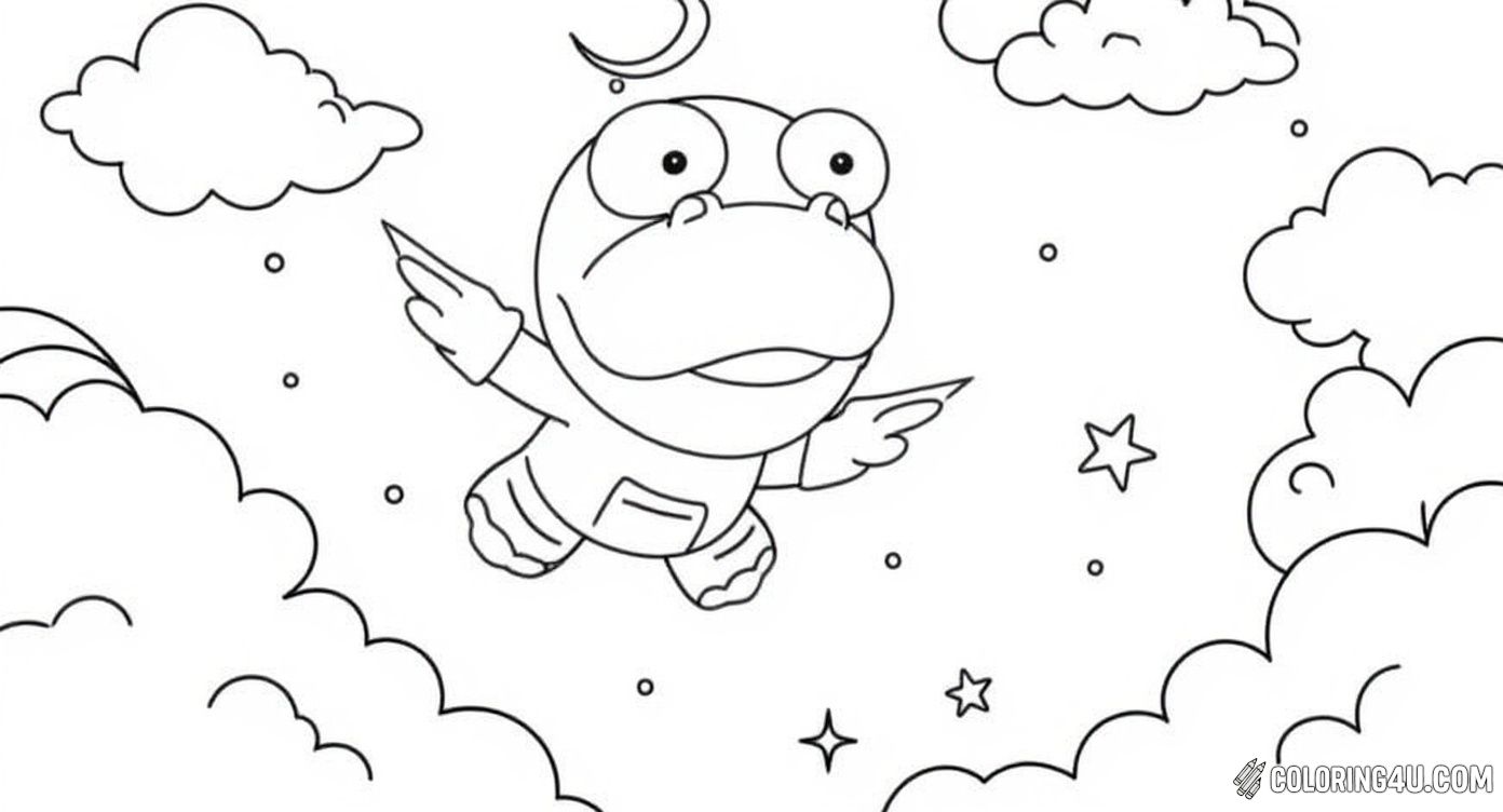 Let your imagination soar with Pororo and his friend Crong flying among the clouds, stars, and a beautiful rainbow! This magical scene invites kids to add vibrant colors to the sky and the joyful characters as they explore a dreamy adventure.
