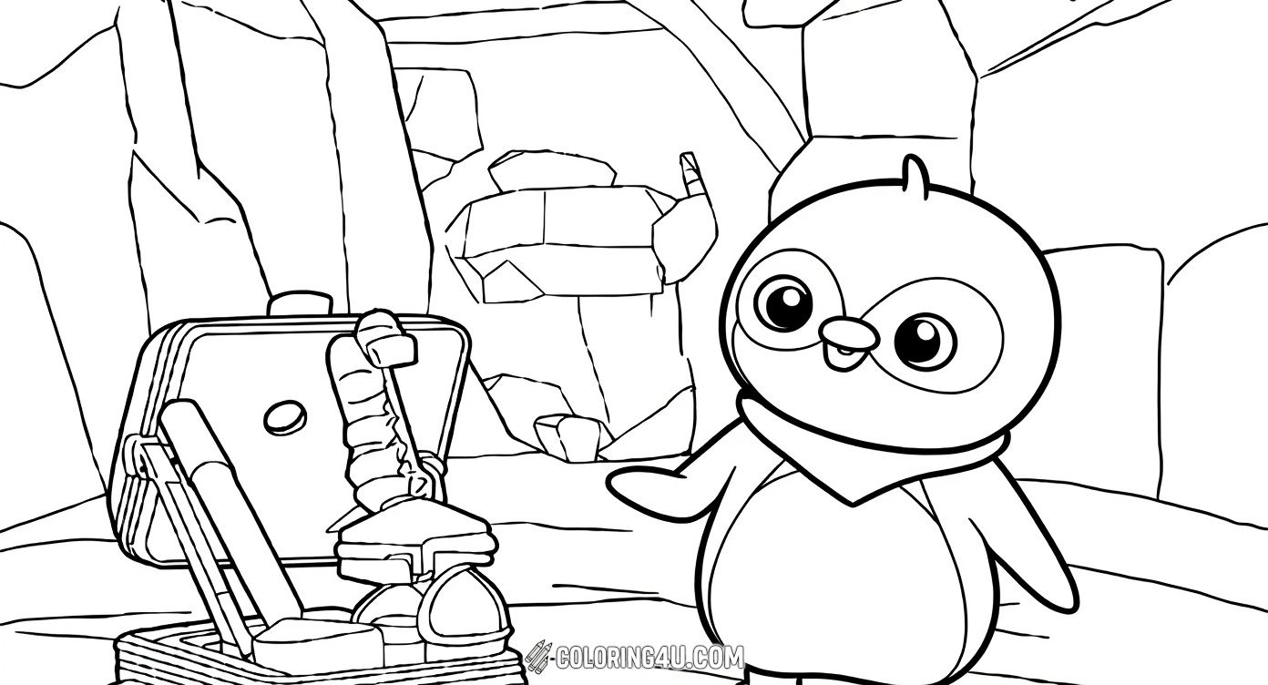 Dive into adventure with Pororo as he helps his friend Eddy invent new gadgets! This coloring page features Pororo standing next to a suitcase filled with exciting tools and devices, all set inside a rocky cave. Kids can color and imagine the cool inventions being created.