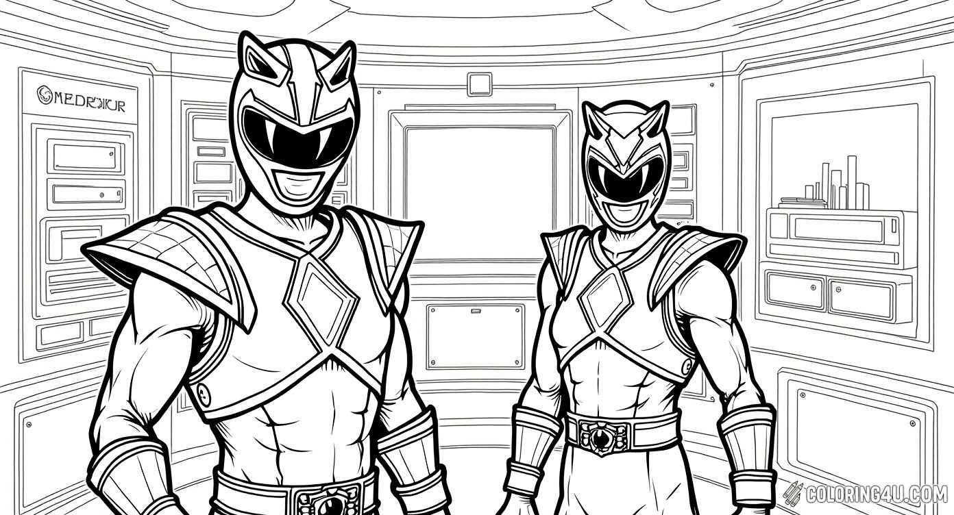 Step into the secret command center with two cool Power Rangers in their iconic suits, ready for action! This coloring page invites kids to add vibrant colors to the detailed Power Ranger uniforms and the high-tech room around them, sparking imagination and heroic creativity.