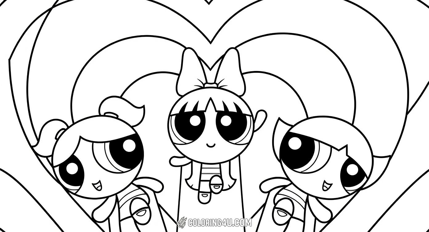 This delightful coloring page features the three Powerpuff Girls—Blossom, Bubbles, and Buttercup—hovering playfully together. Surrounded by concentric heart shapes, this image invites kids to bring these heroic sisters to life with vibrant colors and creativity!