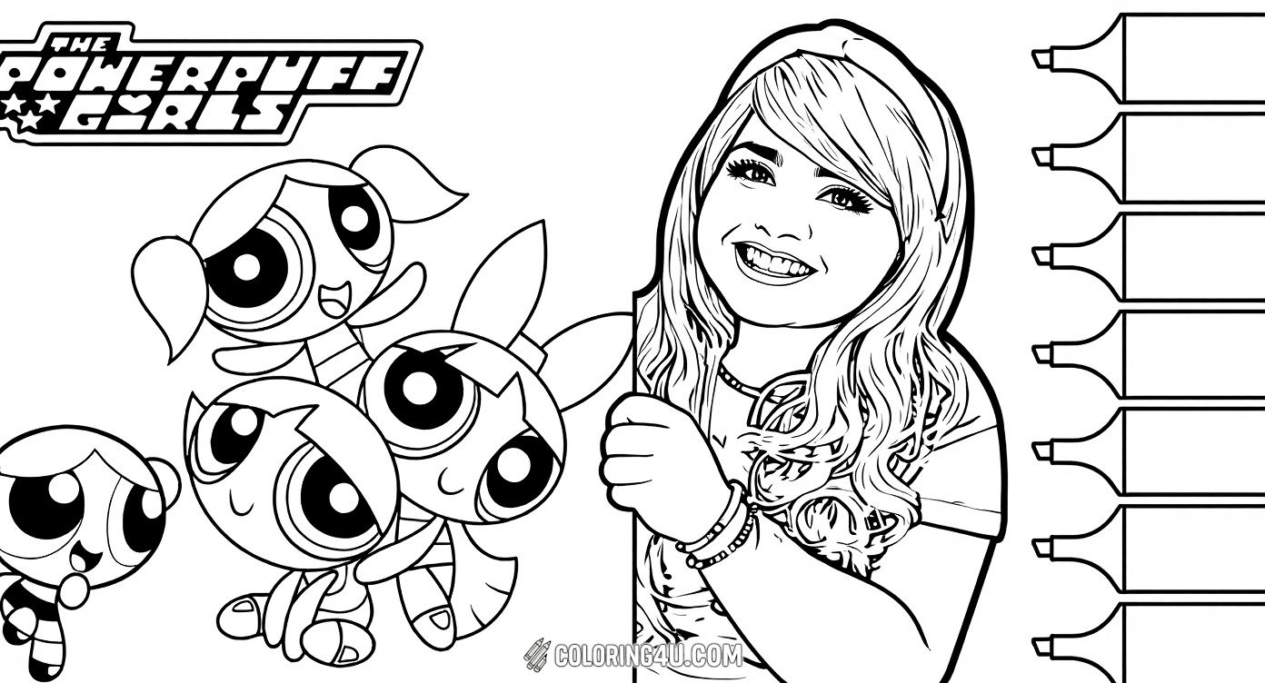 Join the fun with the Powerpuff Girls—Bubbles, Blossom, and Buttercup—in this cheerful coloring page! Show off your coloring skills by filling in this lively scene filled with hearts and energy, alongside a happy smiling artist ready to inspire you.
