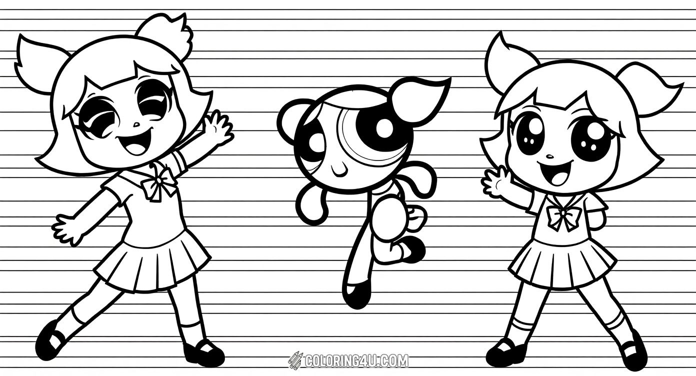This exciting coloring page showcases Bubbles, one of the iconic Powerpuff Girls, in an action pose full of joy and laughter. Perfect for kids who love to color energetic and cheerful characters, this image encourages imagination and bright, bold colors.
