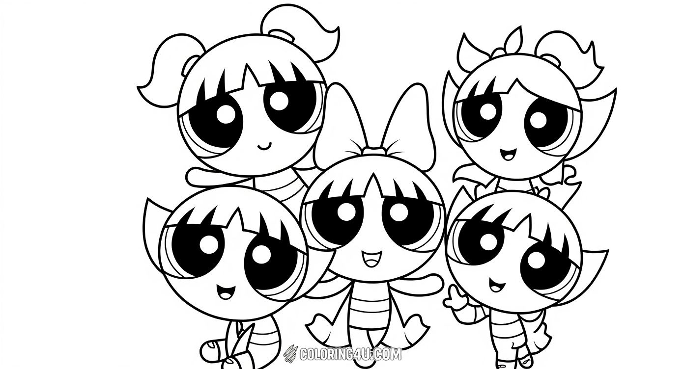 Color the cute and cheerful Powerpuff Girls — Blossom, Bubbles, and Buttercup — posing together with big smiles and ready for adventure! This simple and joyful coloring page is perfect for kids who love these famous superhero sisters.