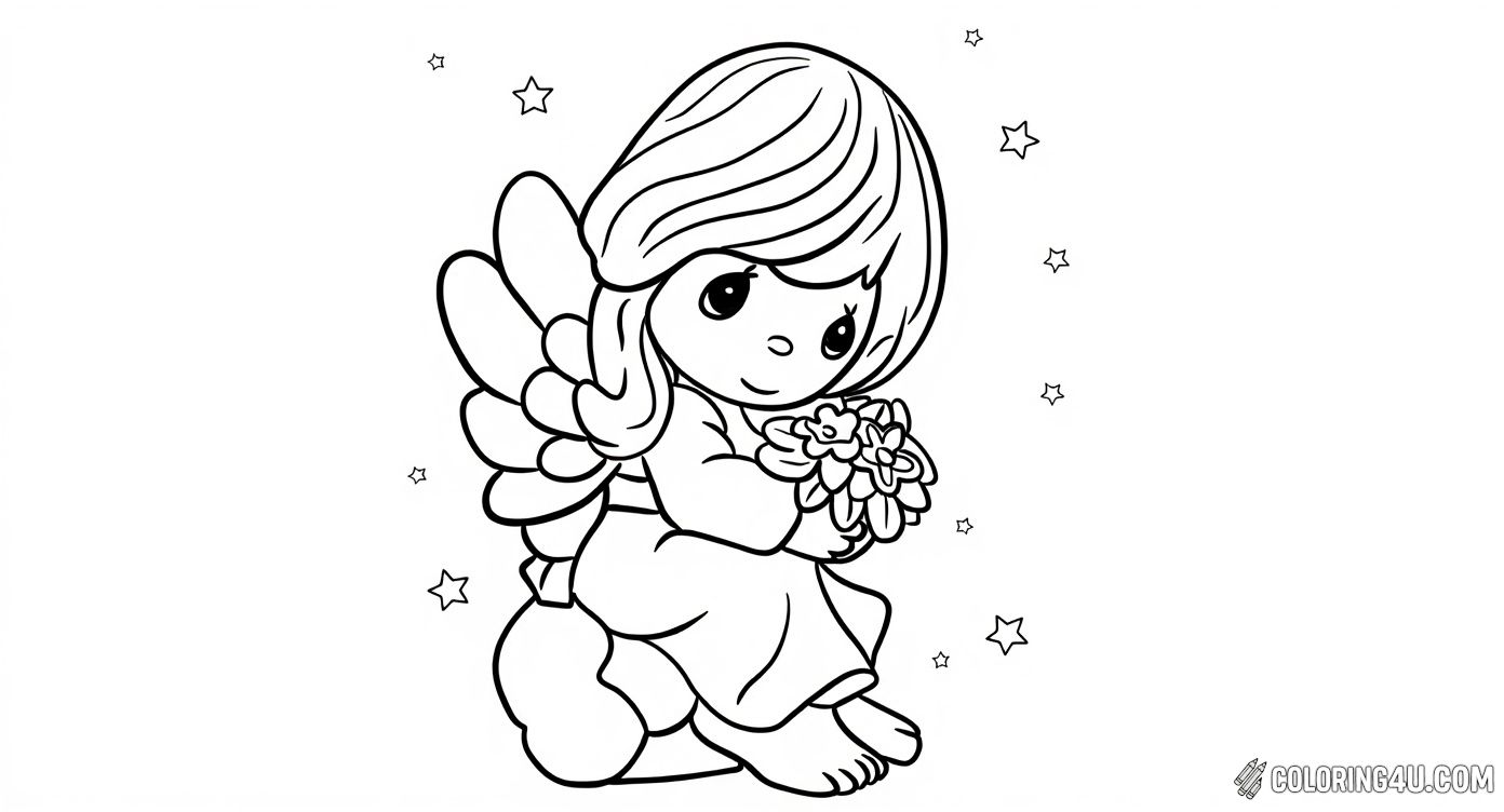 Color this delightful image of a gentle angel girl holding a beautiful bouquet of flowers, surrounded by twinkling stars. This peaceful scene invites children to use soft, bright colors to create a magical and serene picture full of love and kindness.