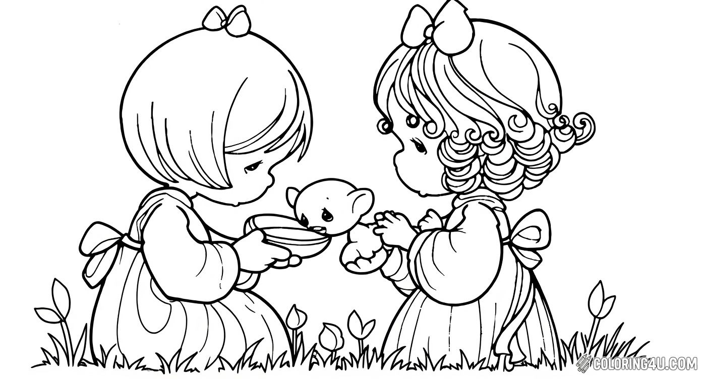 This lovely coloring page shows two sweet girls dressed in long gowns, lovingly feeding a tiny bear cub. With flowers blooming around them, kids can enjoy coloring this tender moment full of friendship and nurturing, making it a perfect creative activity for young artists.