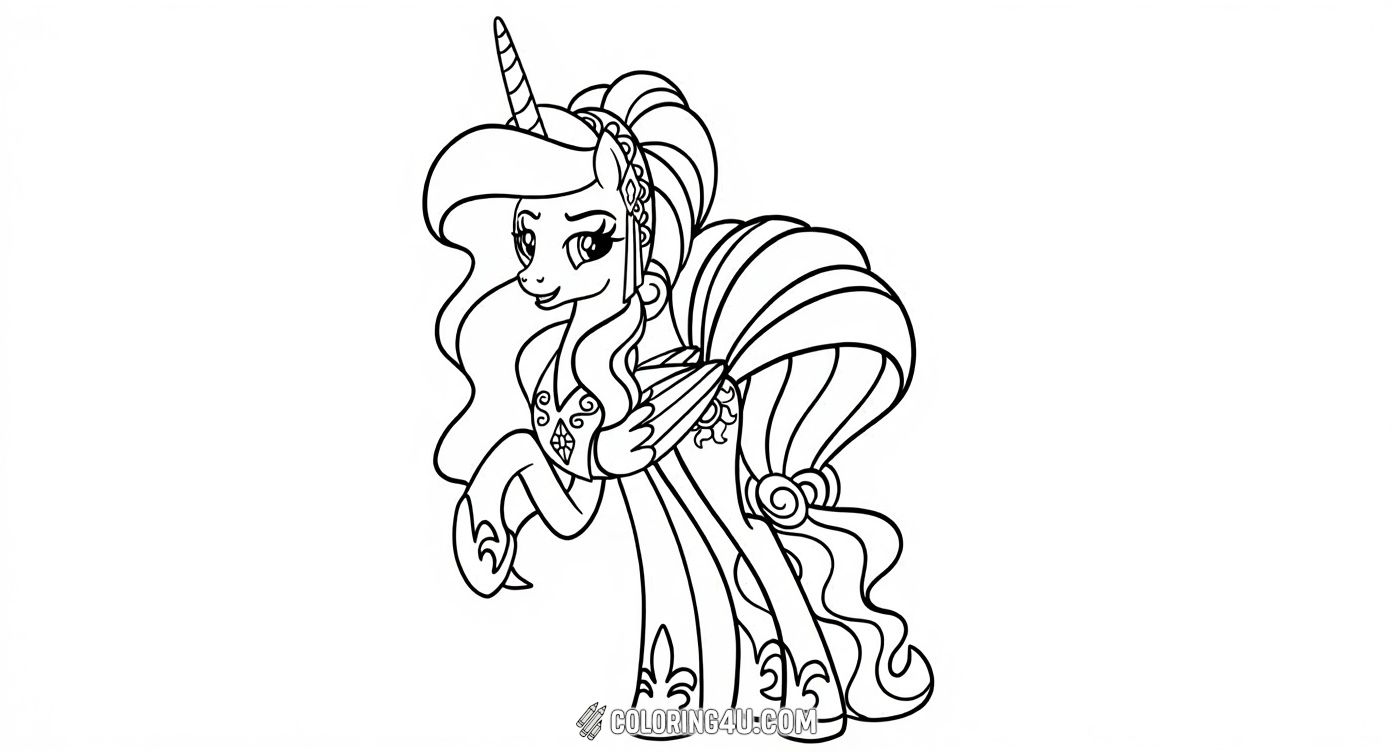 Here is a charming coloring page of Princess Celestia dressed elegantly with a beautifully styled mane and a detailed, flowing gown. Kids can enjoy adding color to her royal attire and accessories, making this magical princess sparkle with majestic charm.