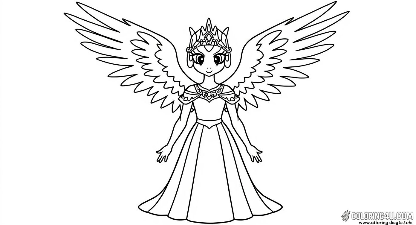 Color the majestic Princess Celestia standing tall with her flowing mane and grand wings spread wide. This magical unicorn from My Little Pony is ready to be decorated with bright, royal colors, inspiring kids to create their own fairy tale adventure!