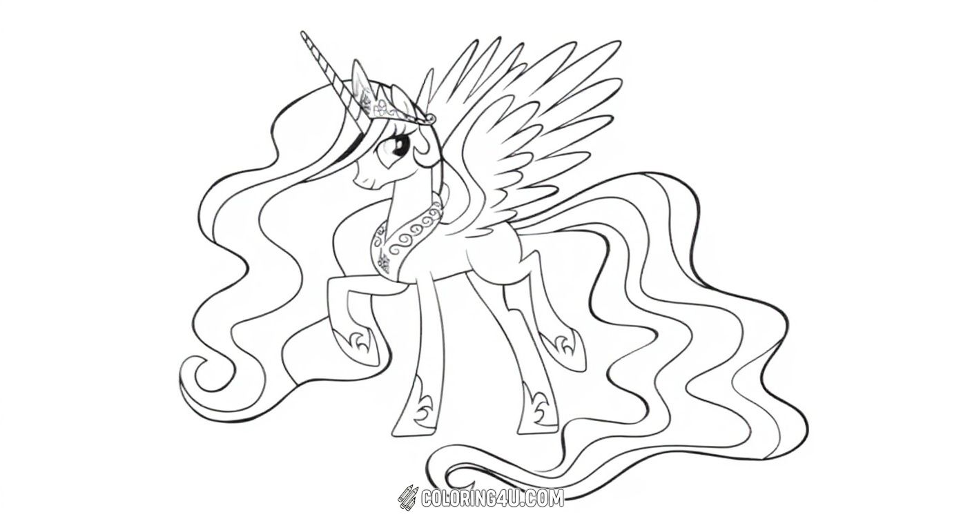 Unleash your creativity with this beautiful coloring page of Princess Celestia from My Little Pony. Surrounded by colorful markers, this elegant winged unicorn with her long flowing mane invites you to add vibrant colors and create a magical masterpiece. Ideal for young artists who enjoy magical stories.