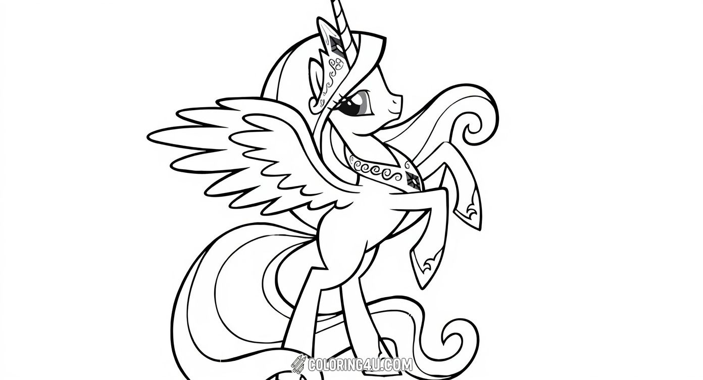 Discover the magic of Princess Celestia from My Little Pony in this enchanting coloring page! She stands proudly with her wings spread and majestic horn shining, ready for you to bring her to life with your favorite colors. Perfect for kids who love fantasy and adventure.