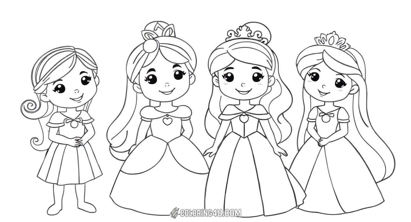 Color this cute and simple Cocomeon-inspired princess friends page, featuring four cheerful princesses standing side by side with warm smiles. Perfect for young children who love princesses, this friendly scene invites creative coloring fun with bright dresses and sparkling crowns.