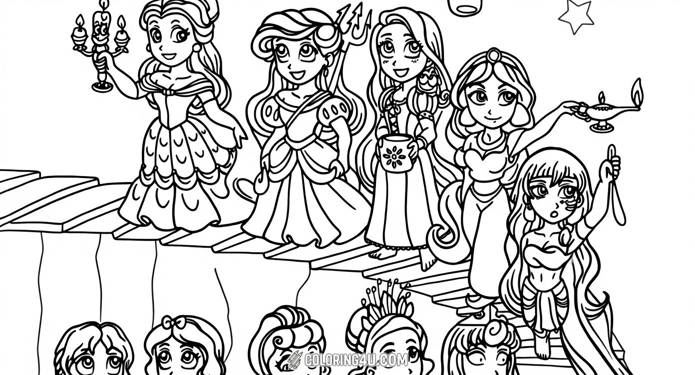 Join a magical gathering of classic Disney princesses as they walk together on a charming wooden bridge under a starlit sky. This delightful coloring page invites kids to bring their favorite princesses to life while imagining adventurous stories and enchanting friendships.