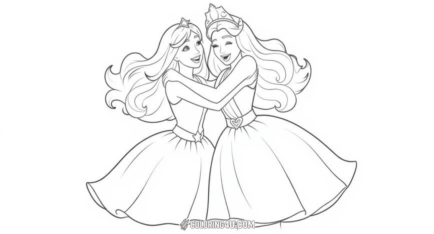 Celebrate friendship and joy with this lively coloring page featuring two joyful princesses hugging happily, surrounded by beautiful flowers and a playful dog. Kids can enjoy coloring their flowing hair, elegant dresses, and the lively scene that captures a heartwarming moment of fun and friendship.