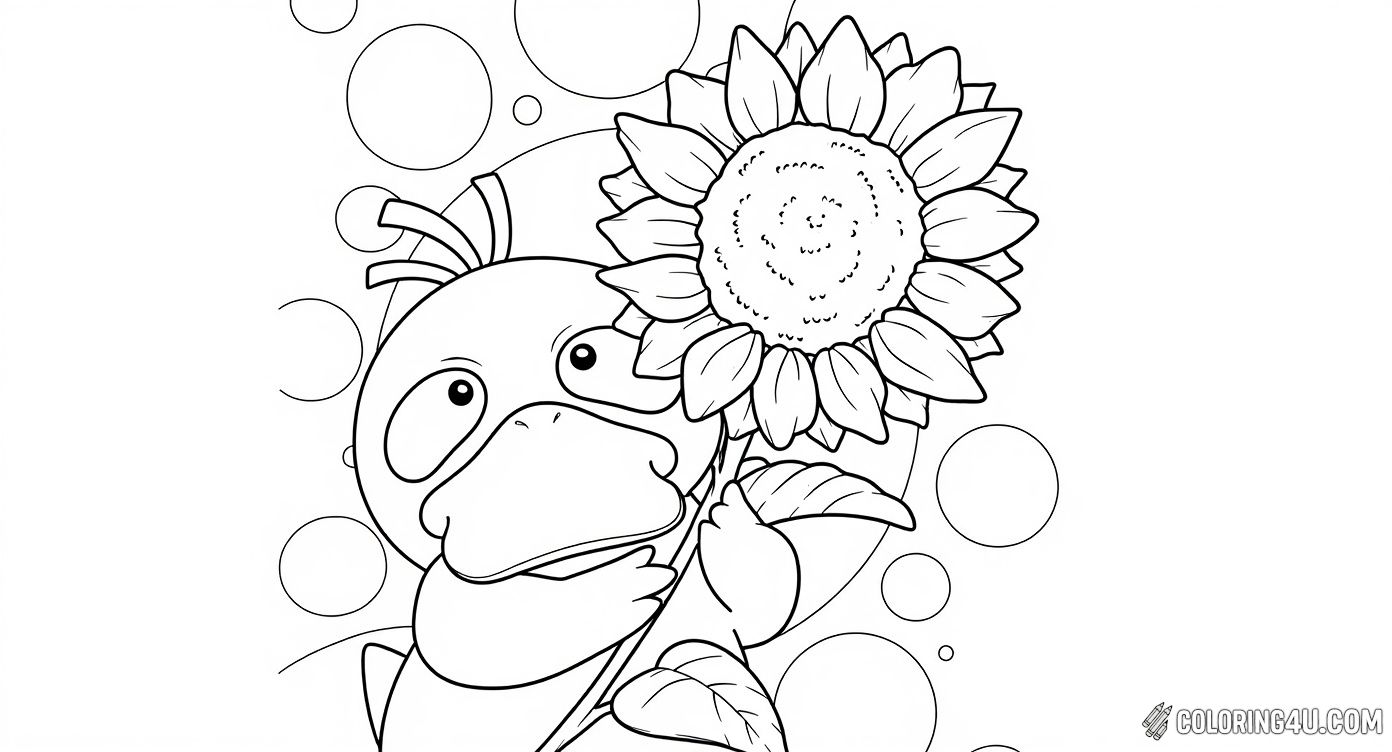 This adorable coloring page features Psyduck, the lovable duck Pokémon, holding a big, beautiful sunflower. With its big eyes and happy expression, Psyduck invites kids to add bright and cheerful colors to the flower and playful bubbles in the background. It's a fun and creative way to bring this charming character to life!