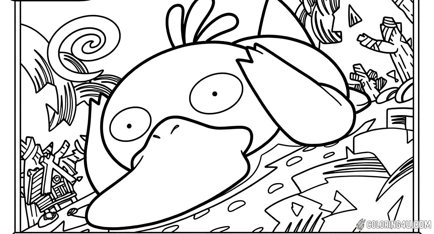 This unique coloring page shows Psyduck as it appears on a Pokémon trading card, featuring its Tripping Headbutt attack. Kids can enjoy coloring Psyduck in action along with the detailed card details, including Psyduck's stats and background scenery, offering a fun way to combine coloring with Pokémon trading card game excitement.
