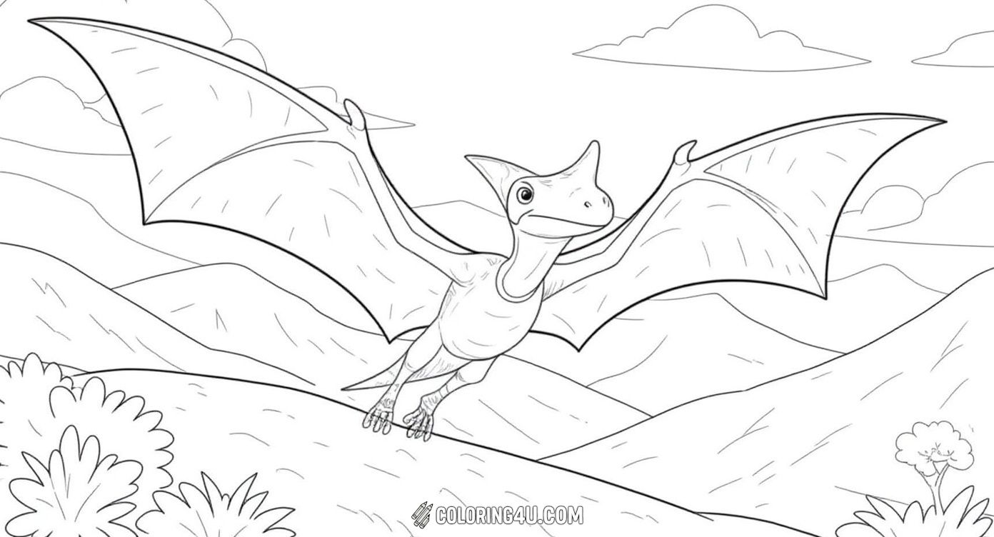 A cheerful cartoon pterodactyl spreads its wings wide, gliding over rolling hills and lush trees. This delightful scene invites kids to color and explore the skies with a friendly flying dinosaur on an exciting journey.