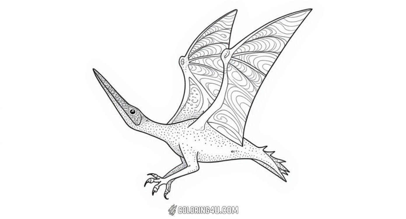 This majestic pterodactyl features beautifully patterned wings as it soars in the sky above mountains and foliage. Kids can enjoy adding vibrant colors to this detailed, artistic scene filled with other flying pterodactyls and swirling clouds.