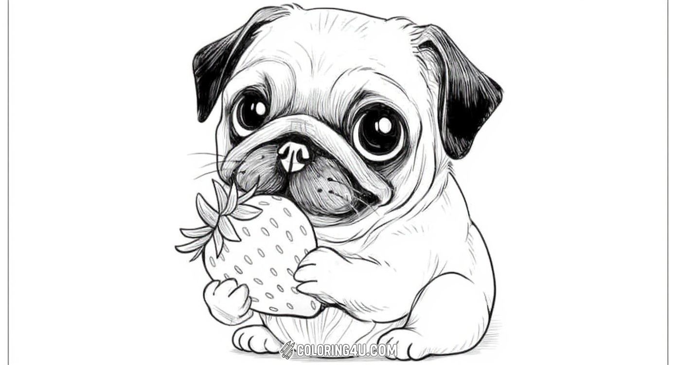 This delightful coloring page features an adorable pug holding a big strawberry with its tiny paws. Kids will love bringing this sweet puppy to life with their favorite colors while enjoying the charming details of its big eyes and wrinkly face.