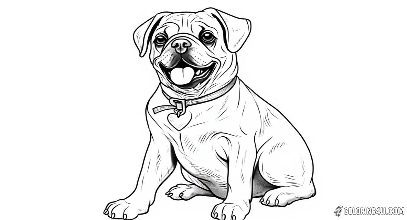 This coloring page features a happy pug sitting with its tongue out and wearing a heart-shaped collar tag. The detailed lines highlight its cute wrinkles and friendly expression, making it a fun image for kids to color and bring this lovable pup to life.