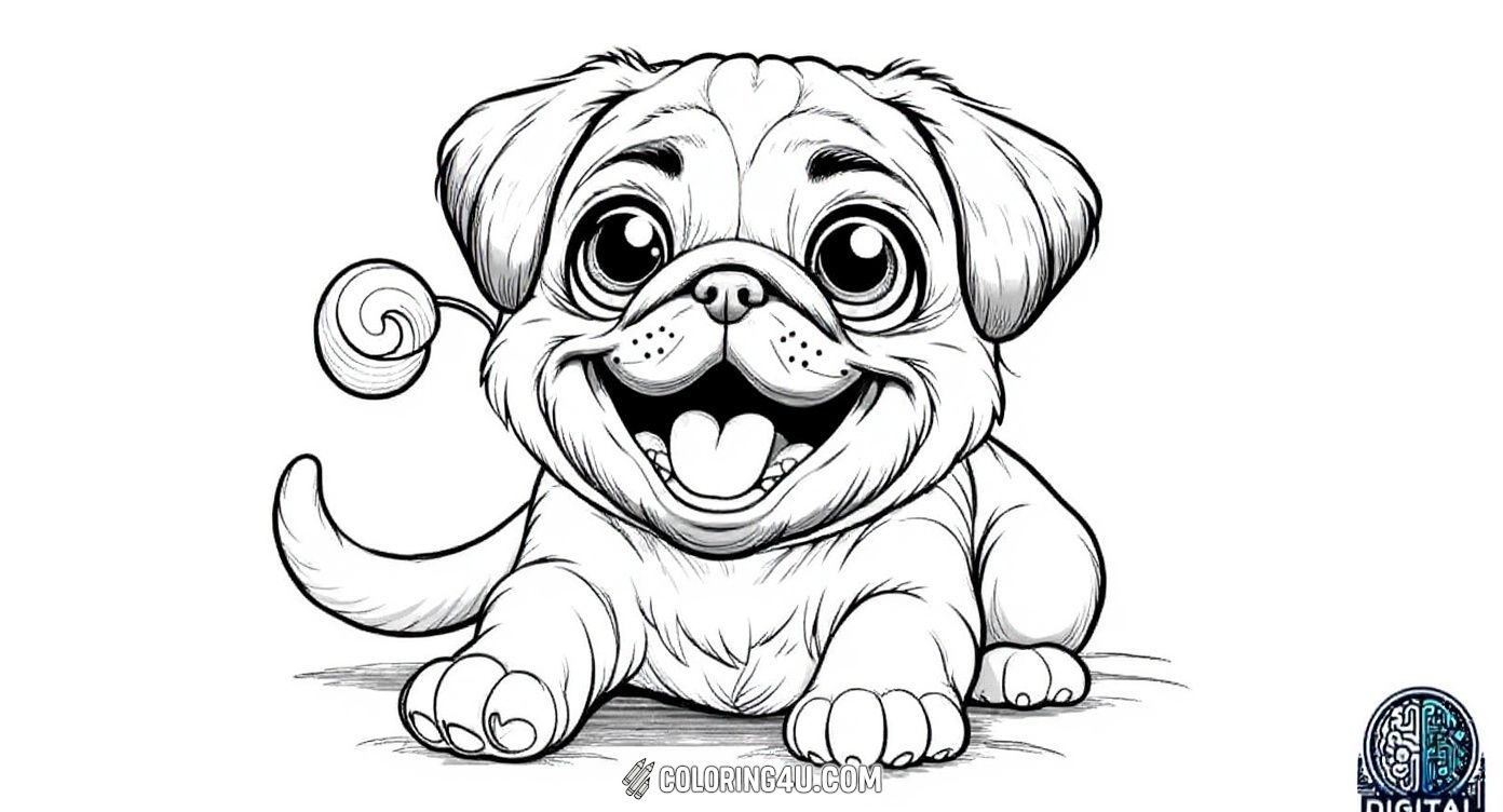 This adorable coloring page features a happy puppy pug with big sparkling eyes and a joyful smile, ready to play and have fun! Kids can enjoy adding their own colors to this lively little pug as it invites everyone to join in the fun and creativity.