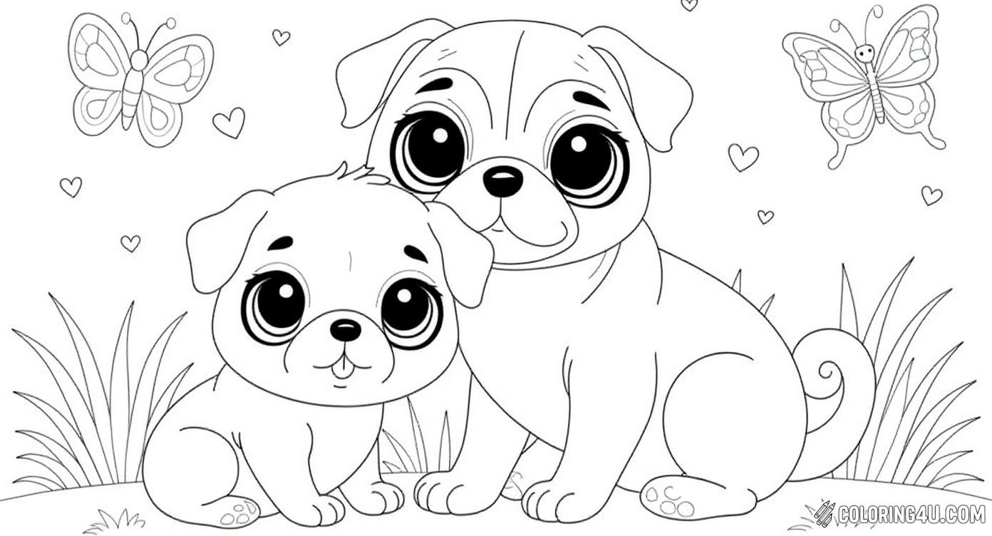 Here is a charming coloring page showing a mother pug and her adorable baby surrounded by flowers and fluttering butterflies. With their big, expressive eyes and gentle poses, this scene invites kids to use bright and lively colors to create a heartwarming nature moment.